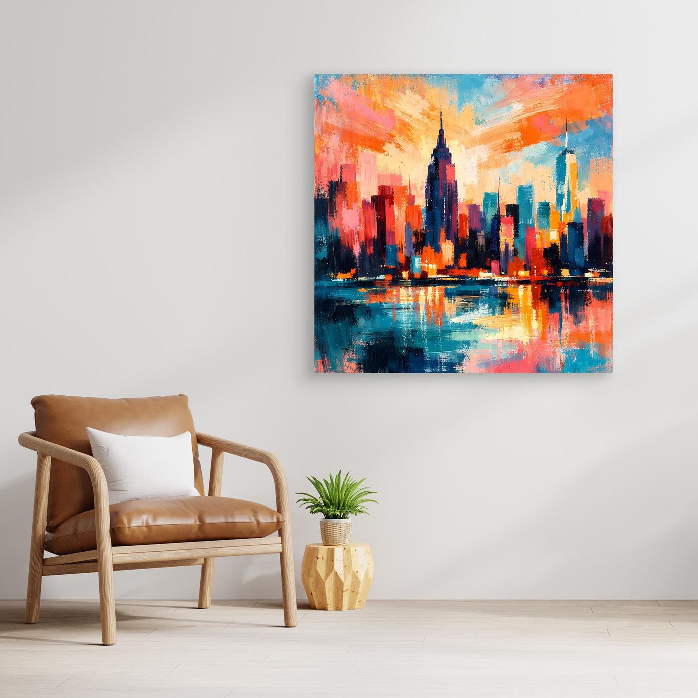 Abstraktes Leinwand-Wandbild mit hellem Holzrahmen: orange-blaue Skyline und Spiegelung