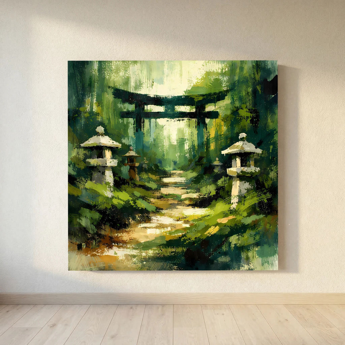 Leinwandbild mit Torii-Tor über Waldpfad, leuchtende Grünflächen und Steinlaternen