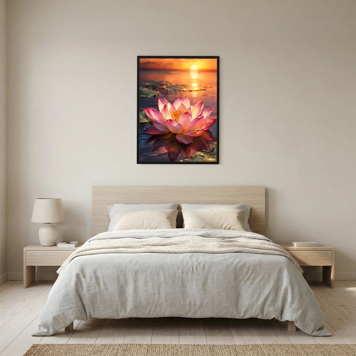 Gerahmtes Wandposter im Hochformat mit rosafarbener Lotusblüte und Sonnenuntergang am Wasser