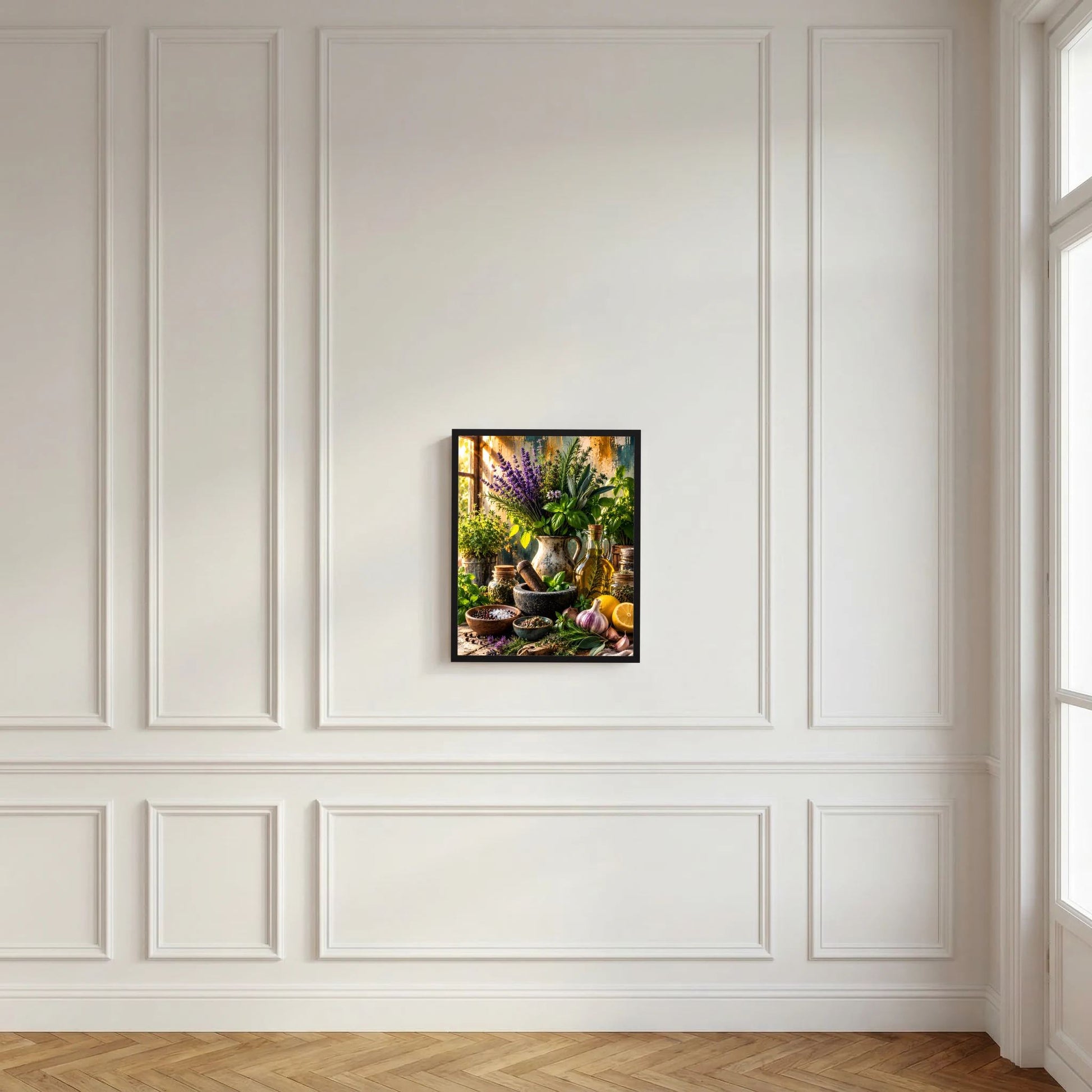 Gerahmtes Kräuterposter mit Lavendel, Basilikum und Gewürzen in Tontöpfen