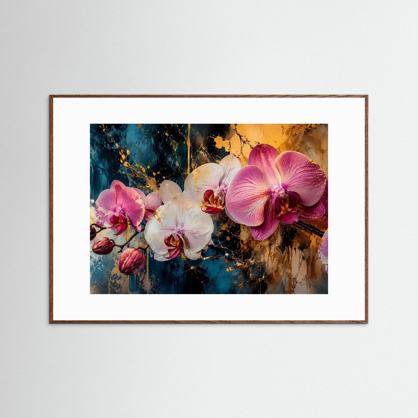 Orchideen Poster Querformat | Elegante Blumen Wandkunst in Rosa, Weiß & Gold | Modernes Floral Wandbild