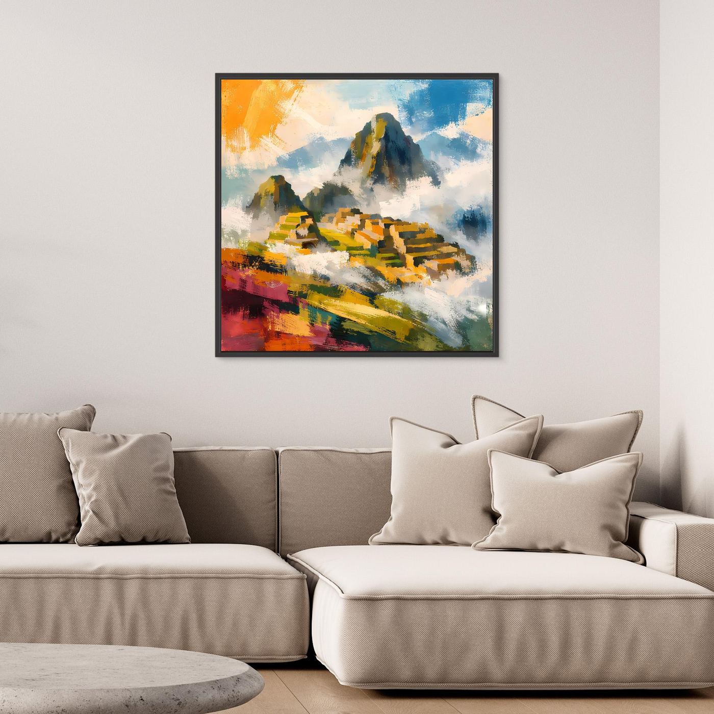 Quadratisches Leinwandwandbild mit abstrakter Inka-Berglandschaft, leuchtende Farben, mit schwarzem Rahmen