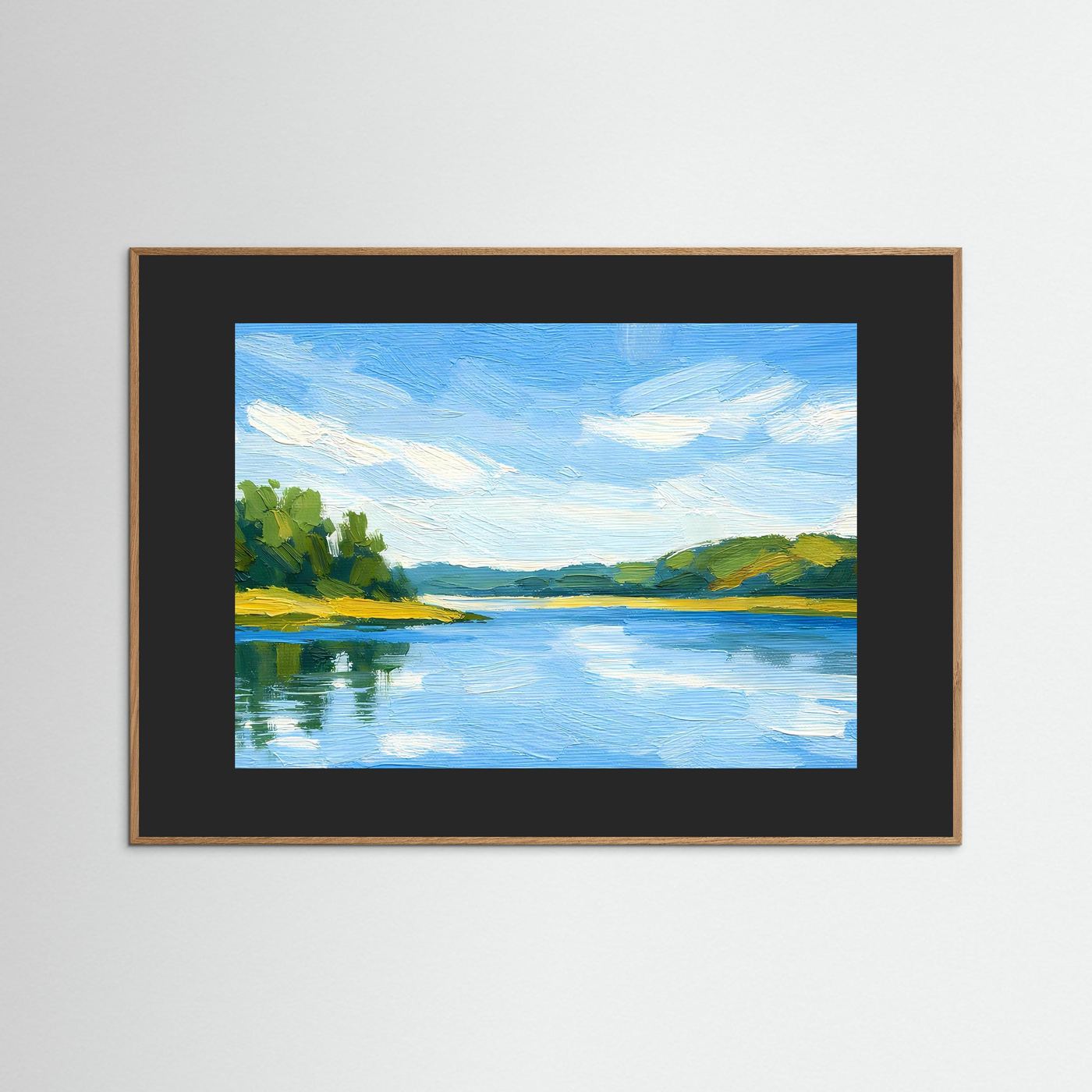 Wandbild mit Landschaftsmotiv, brauner Außenrahmen mit schwarzem Innenfeld