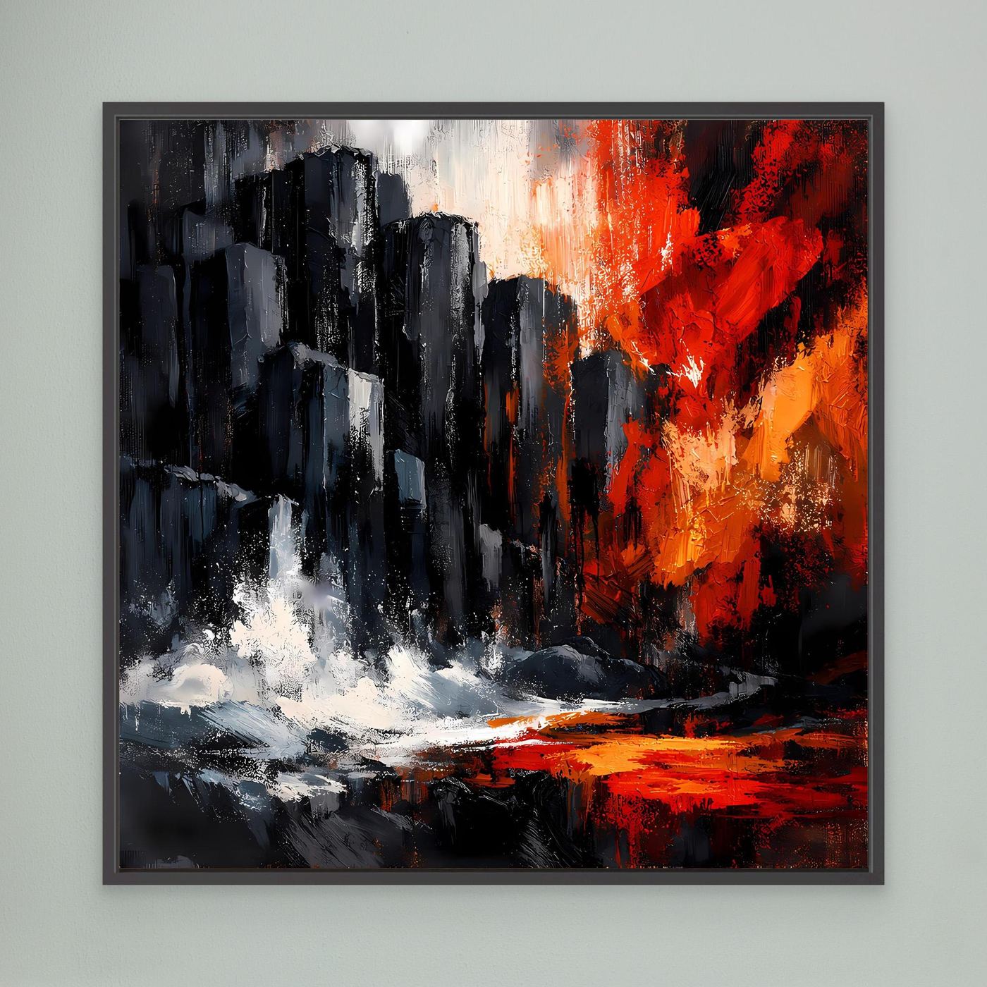 Gerahmtes Leinwandbild: schwarze Klippen, rote Akzente, orange Glut, weißer Gischt