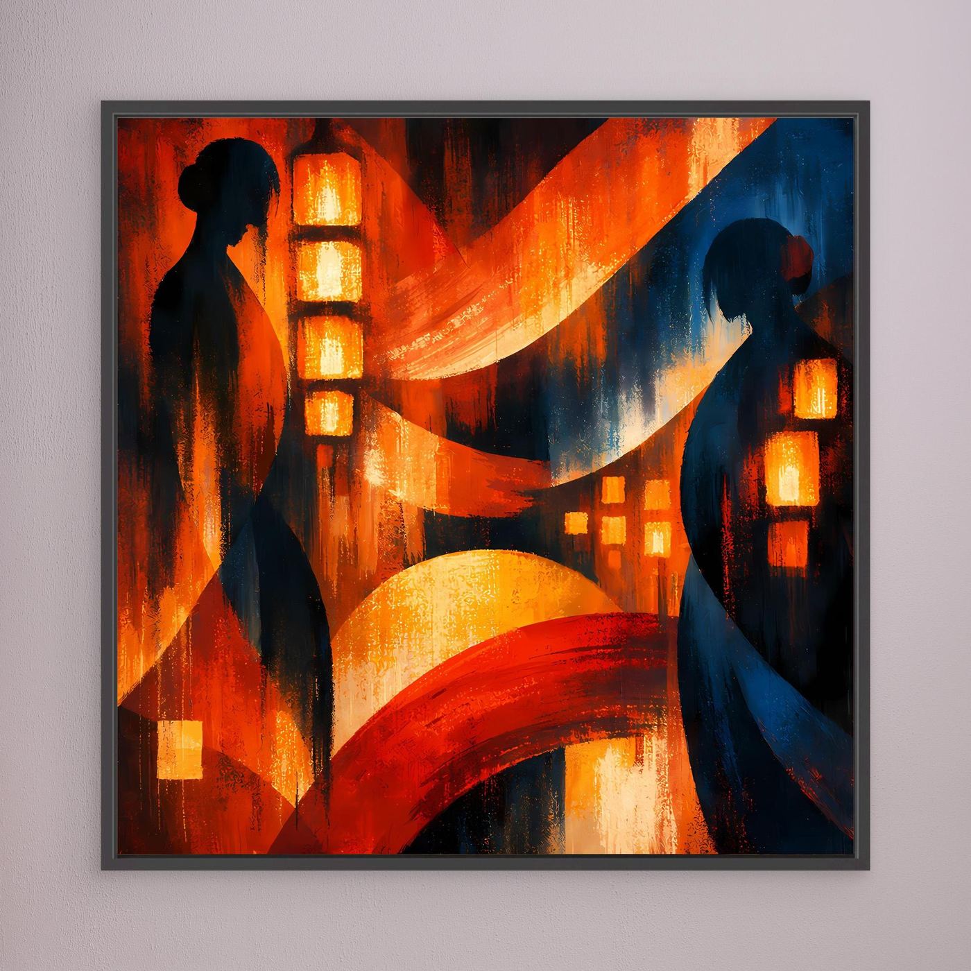 Japanisches Wandbild mit zwei Geishas-Silhouetten, Laternen und abstrahierten roten und blauen Bögen.