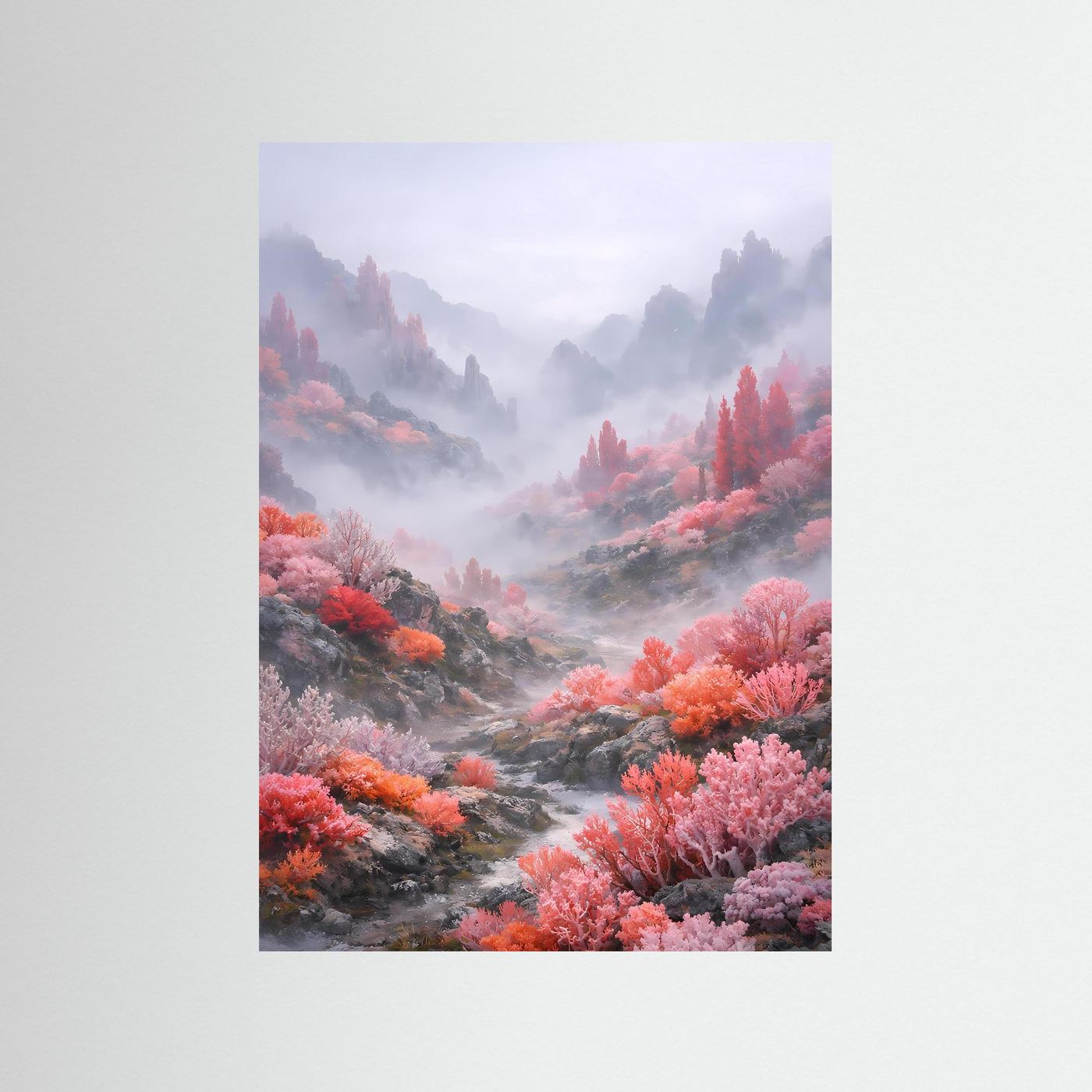 Kunstposter Hochformat mit rosafarbenen Bäumen, Nebel und Bergtal mit Fluss