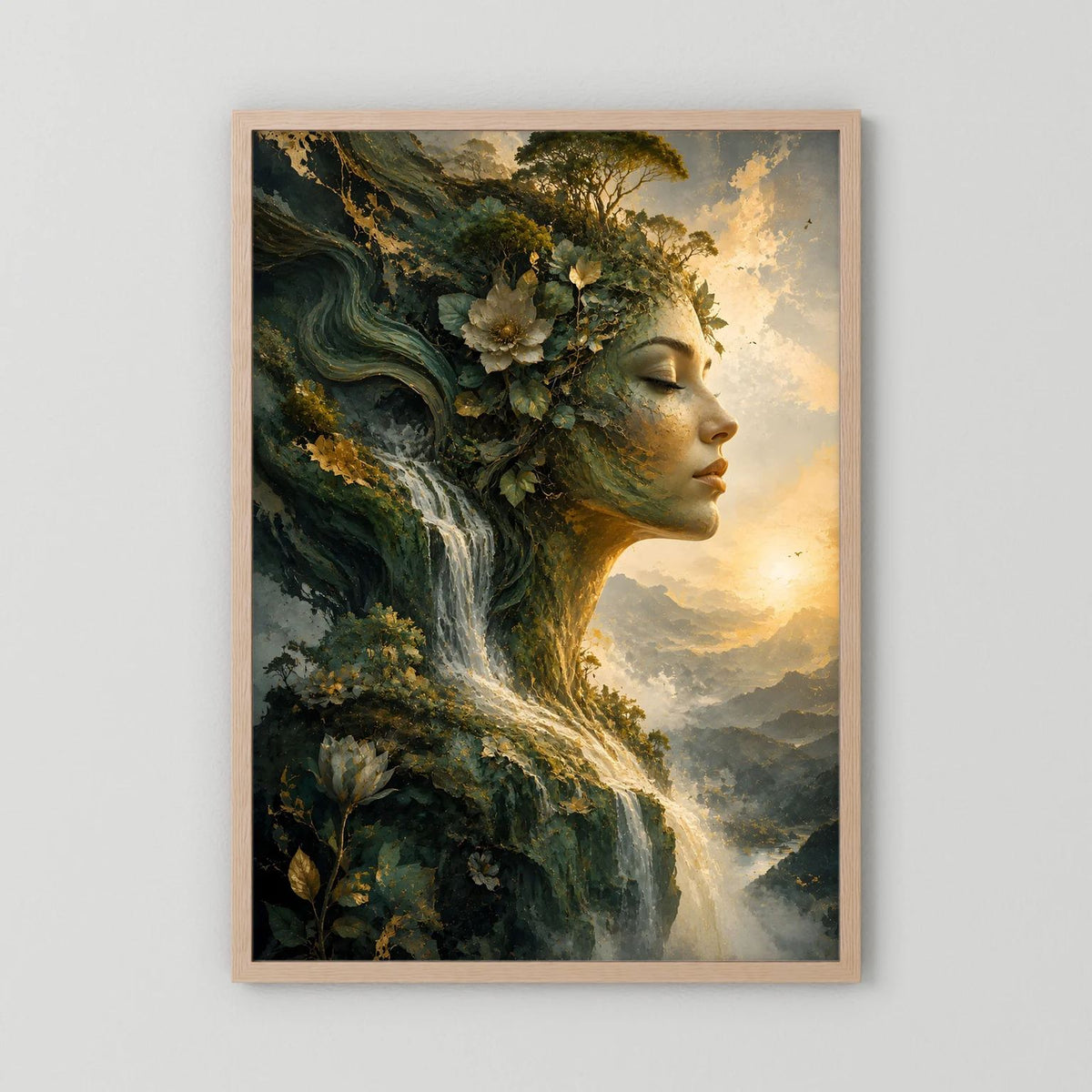 Wandposter Hochformat: mystische Naturfrau mit Wasserfall, grüner Wald, heller Holzrahmen