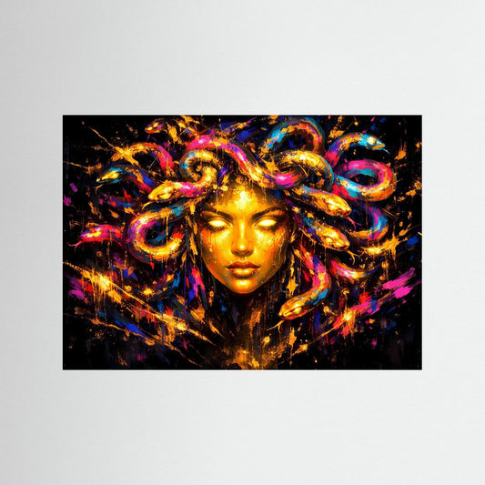 Poster mit Medusa-Gesicht in bunten Farben und goldenen Schlangen, schwarzer Rahmen, querformat