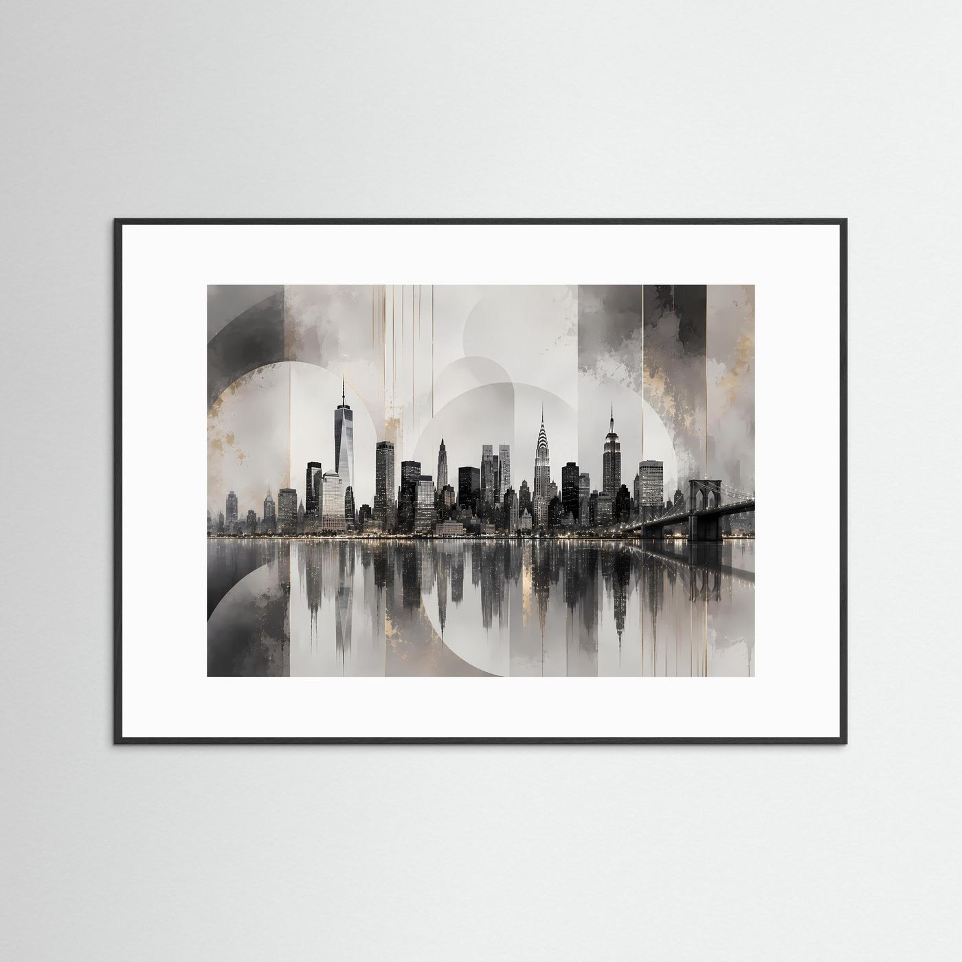 Querformatiges Skyline-Poster mit Brückenmotiv im schwarzen Rahmen und weißem Rand
