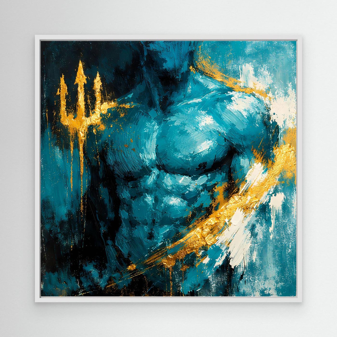 Leinwand Kraftvoller Poseidon in Türkis | Abstraktes Meeresgott Wandbild Gold