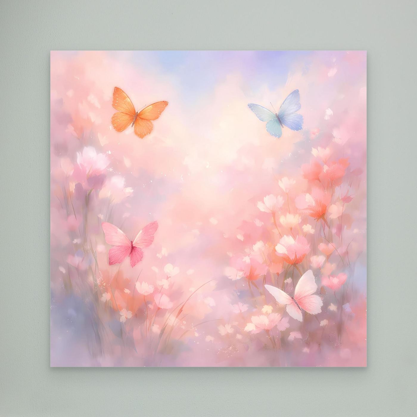 Quadratisches Leinwandbild mit Schmetterlingen im Pastellrosa und weißem Rahmen