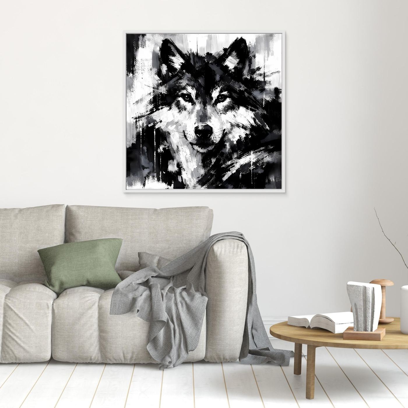 Wolf-Wandbild (Leinwand) in Schwarzweiß, mit weißem Rahmen