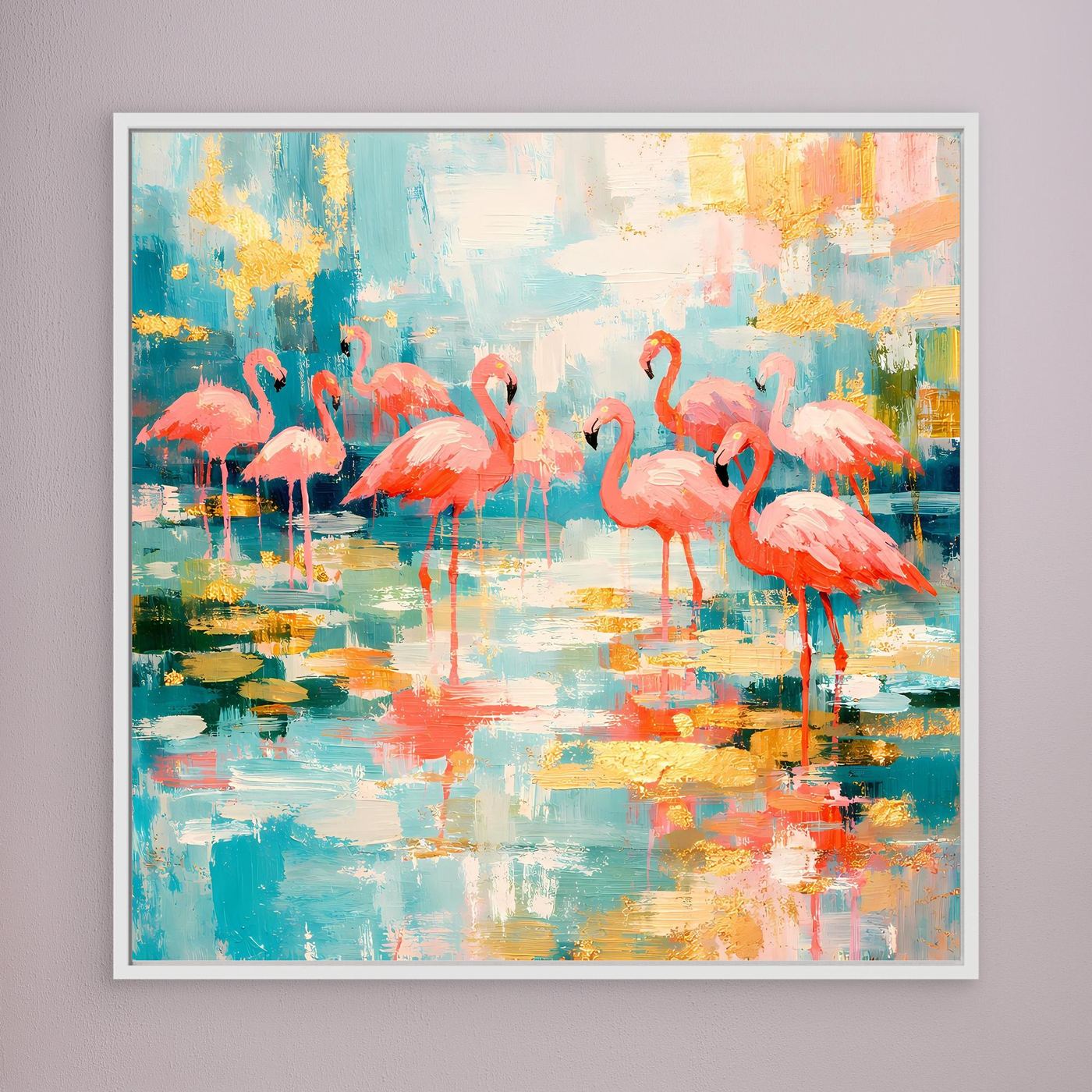 Leinwandbild mit abstrakten Flamingos im bunten Farbverlauf, weißer Rahmen