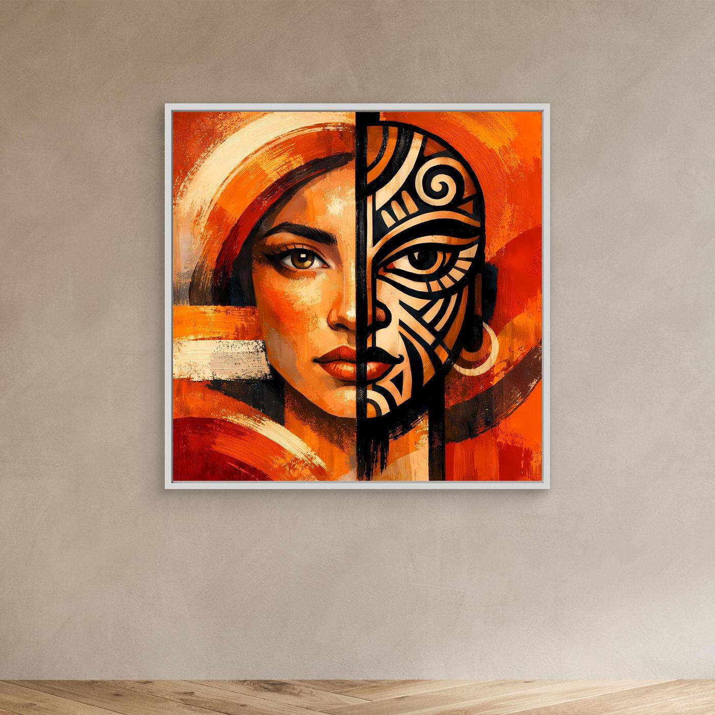 Leinwandbild mit Frauenporträt und Maskenhälfte, orange/rot, schwarz-grafische Muster, weißer Rahmen