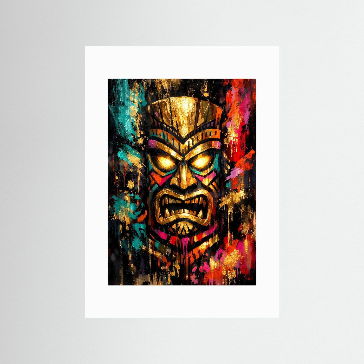 Tiki-Kunstposter mit Passepartout: goldene Maske, türkis und neon-pink, abstraktes Gesicht, Hochformat