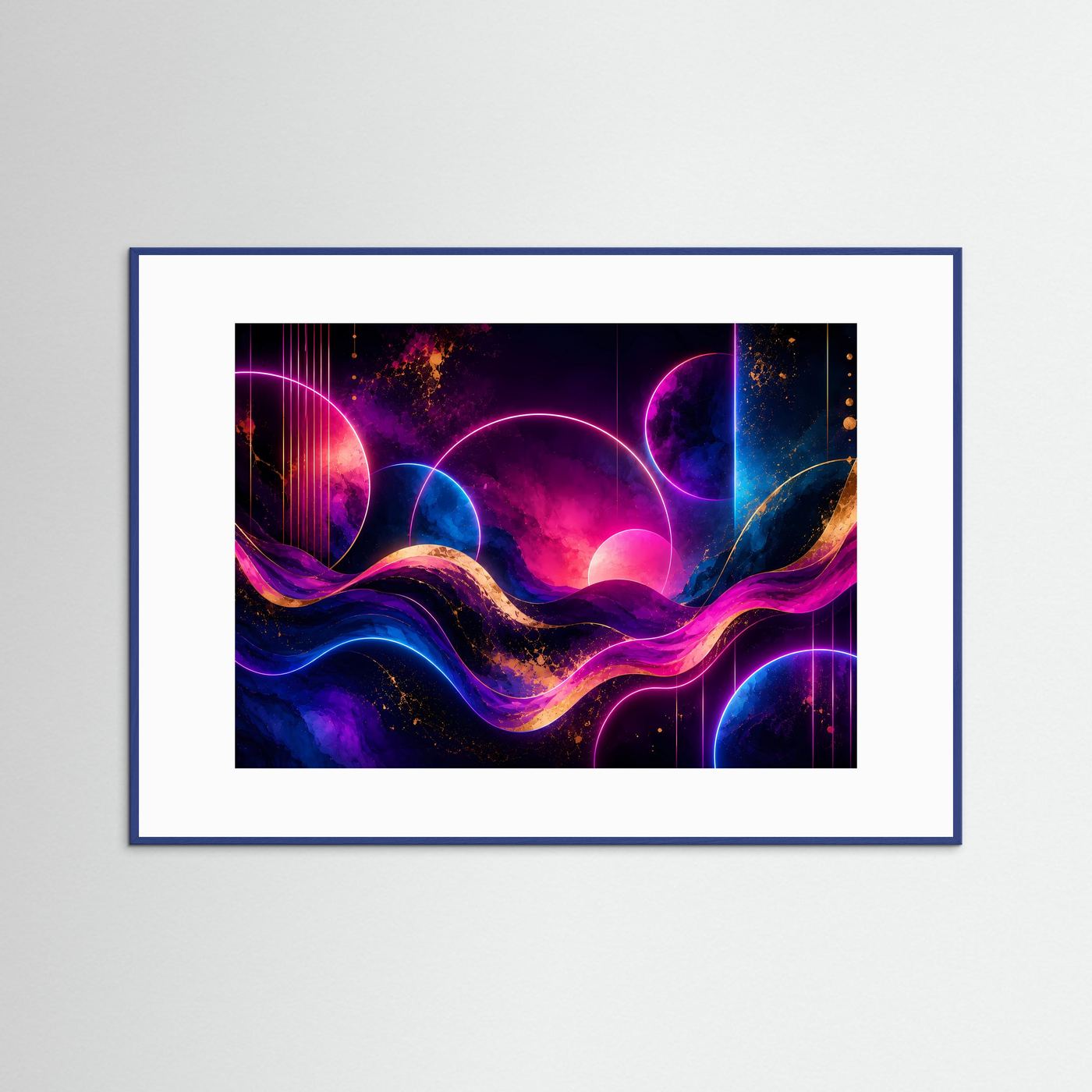 Querformat-Poster mit abstrakten Neonwellen in Pink und Blau, blauer Rahmen