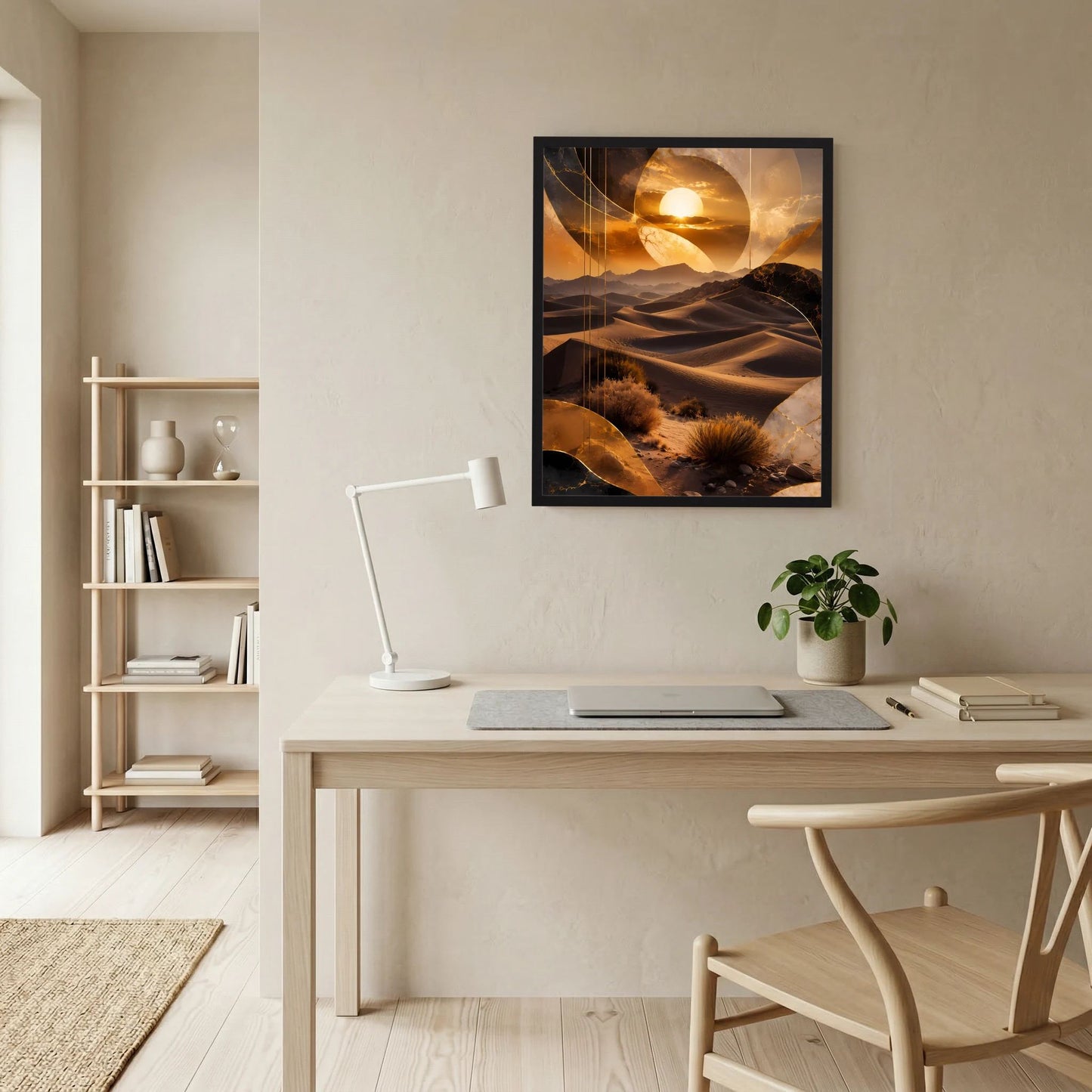 Wandposter im schwarzen Rahmen mit goldbraunen Dünen, Wüstenpflanzen und Sonne