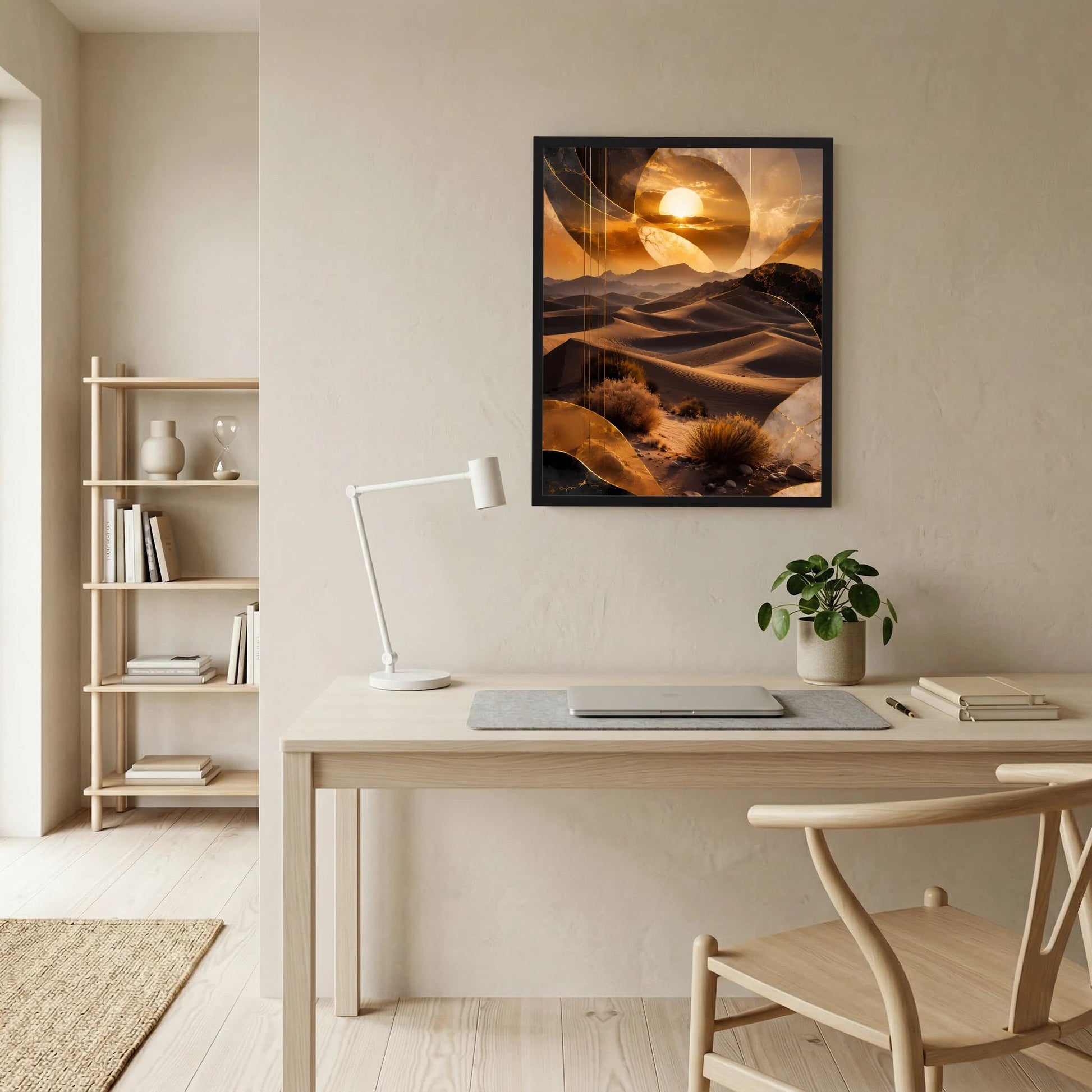 Wandposter im schwarzen Rahmen mit goldbraunen Dünen, Wüstenpflanzen und Sonne