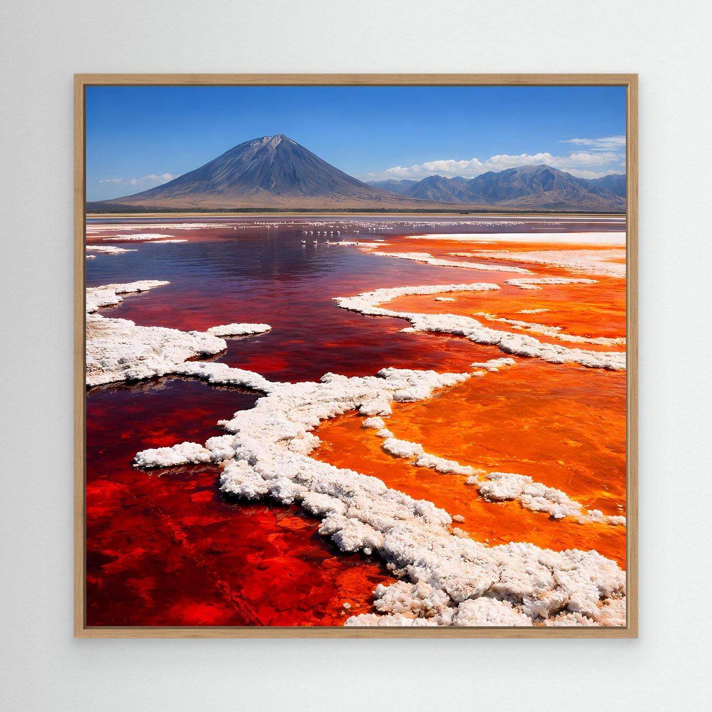 Leinwandbild mit rotem Salzsee und Vulkan im Holzrahmen (Eiche)
