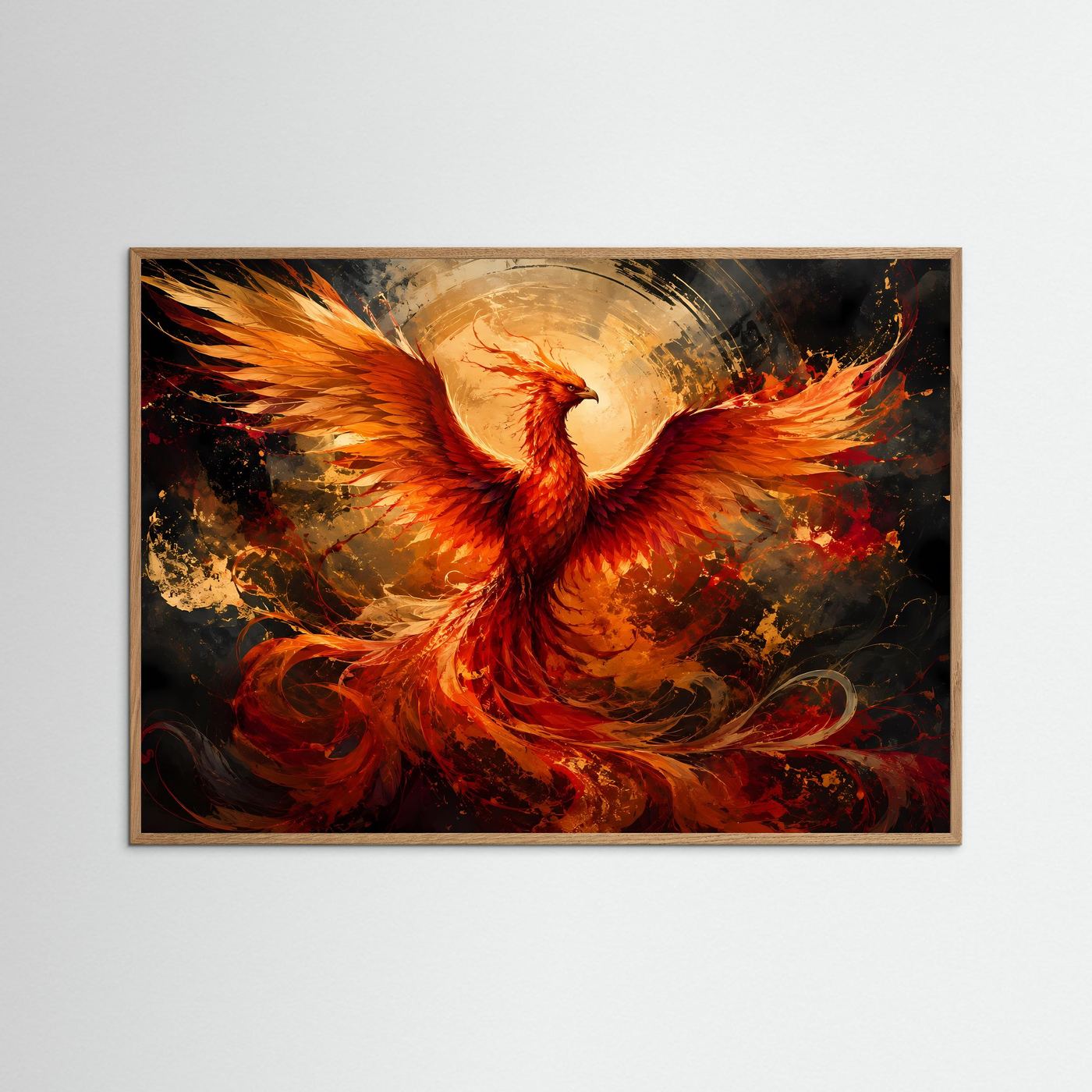 Abstrakte Wandkunst mit Phönix in Rot und Gold, im hellen Eichenrahmen