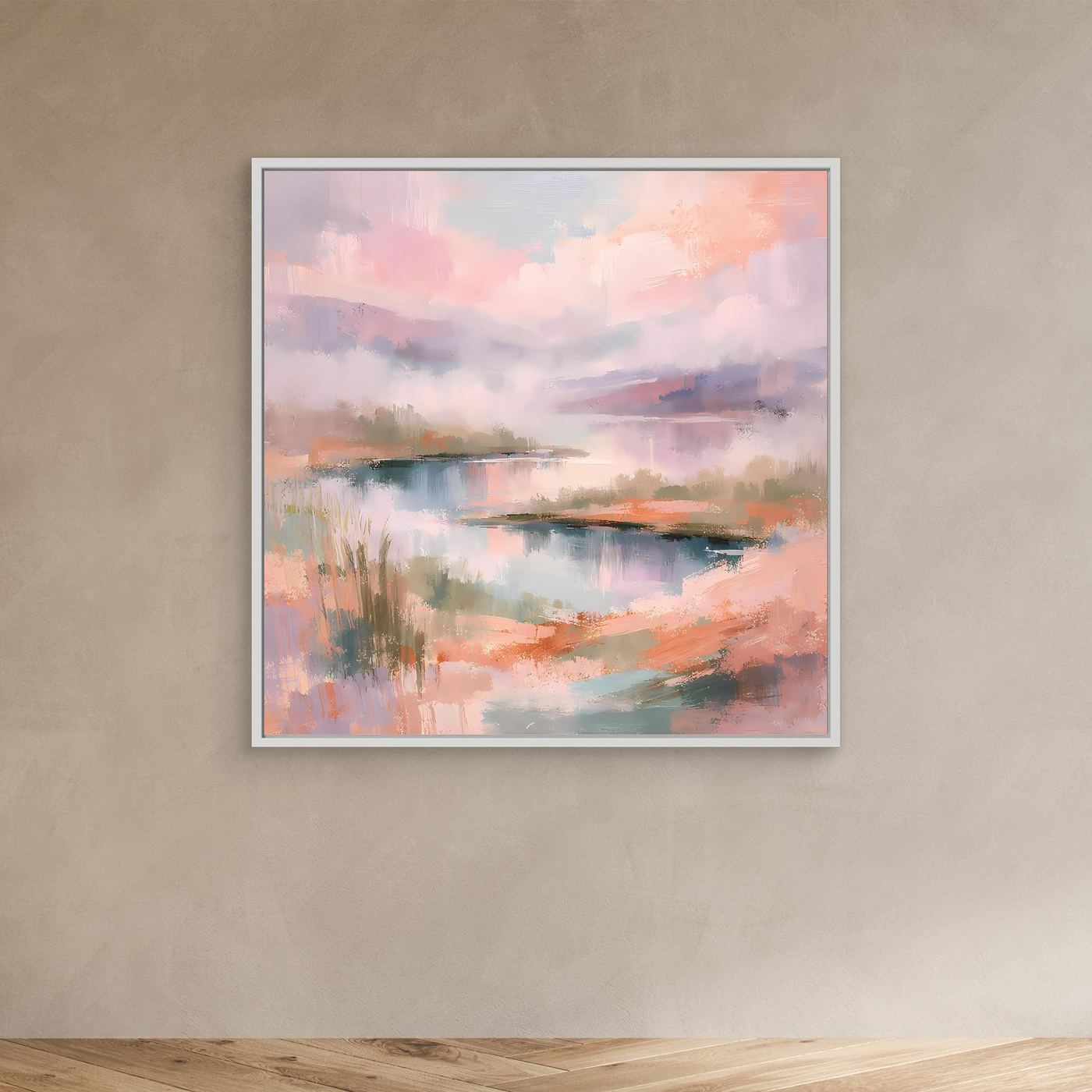 Abstraktes Leinwand-Wandbild mit Pastell-See und Ufer, weißer Rahmen