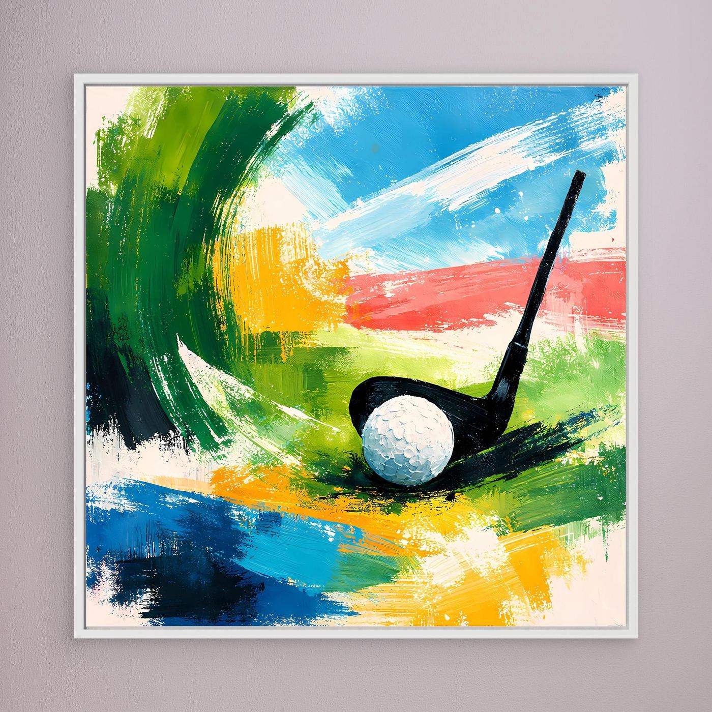 Abstraktes Golf-Wandbild auf Leinwand mit schwarzem Schläger und weißem Ball, im weißen Rahmen