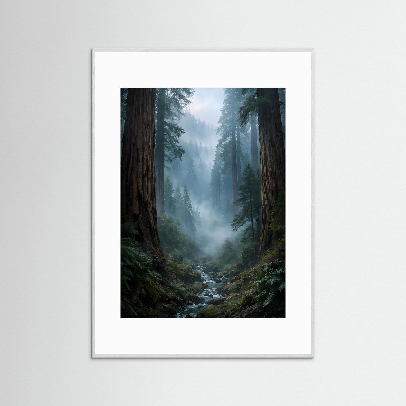 Wandposter Mammutbaumwald im Nebel, grauer Rahmen, weißer Rand