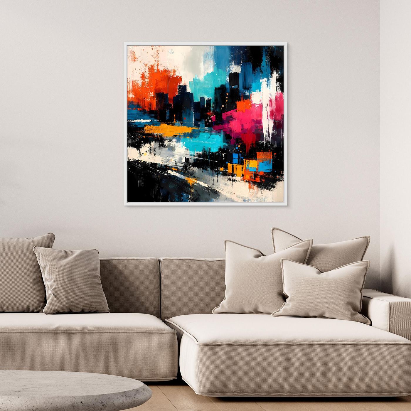 Abstract city skyline wall art with bright red, teal, and dark blue blocks and splashes