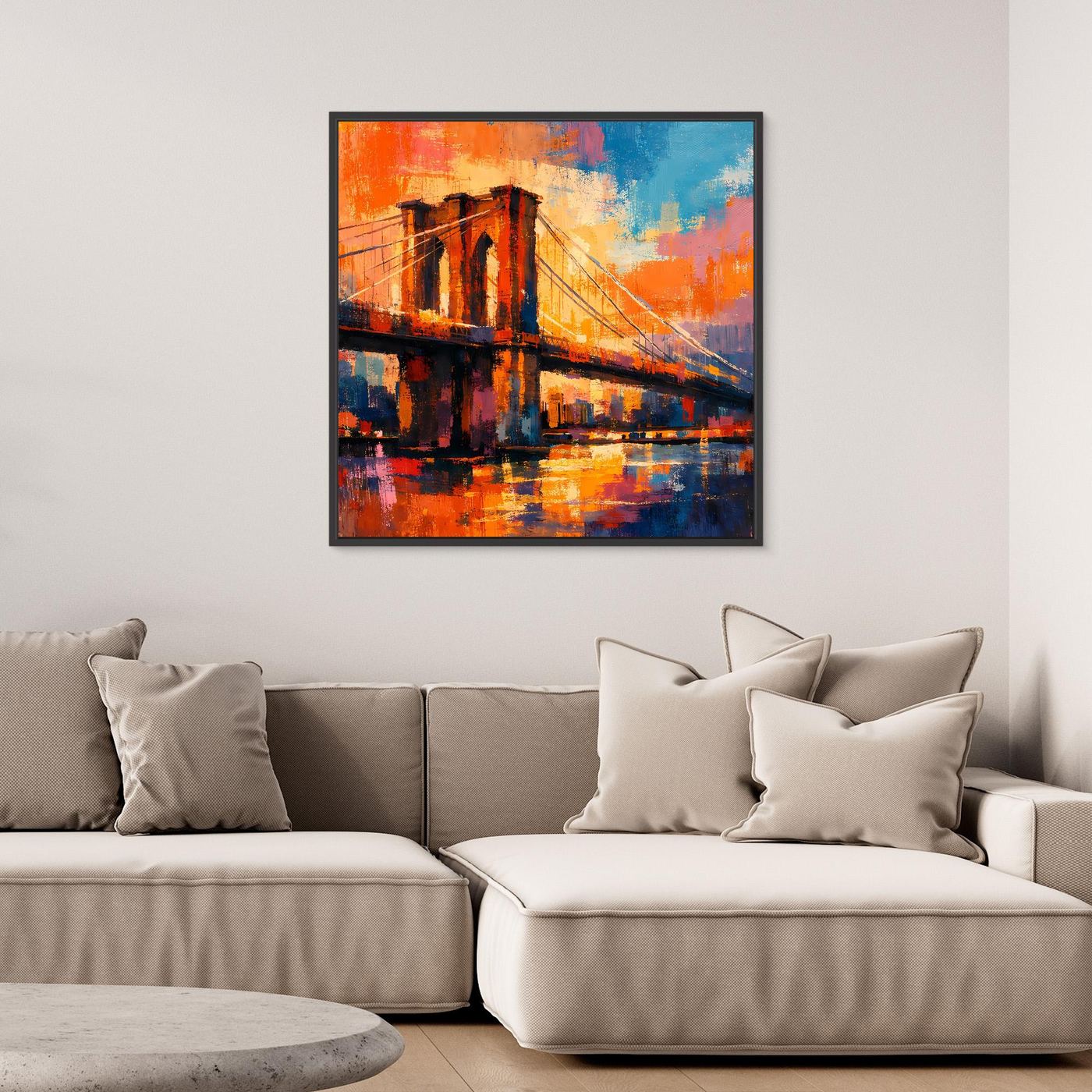 Gerahmtes Leinwandbild mit abstrakter Brooklyn-Bridge in Orange, Blau und dunklen Reflexionen