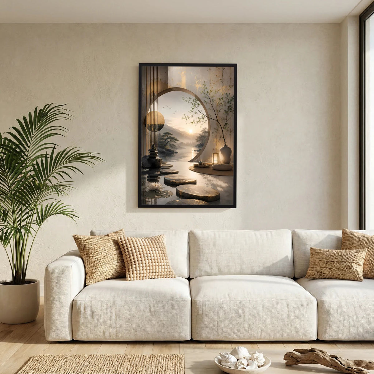 Poster im schwarzen Holzrahmen mit asiatischer Landschaft und runder Lichtöffnung