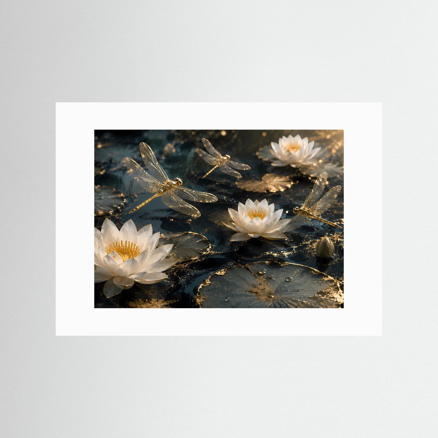 Weiße Lotusblüten Poster | Goldene Libellen über Seerosen | Elegantes Zen Wandbild | Luxuriöse Botanische Wandkunst | Premium Wall Art