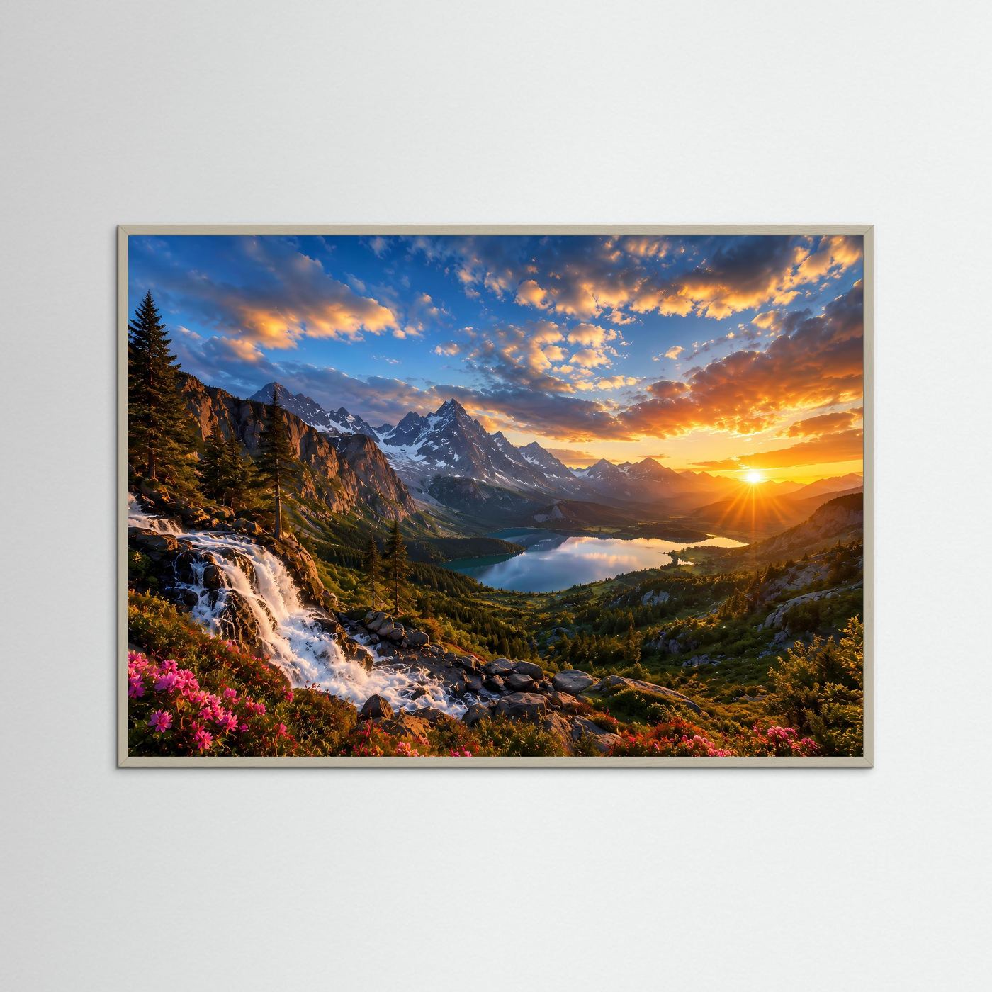 Epischer Wasserfall in den Alpen bei Sonnenuntergang | Panorama Natur Poster Querformat