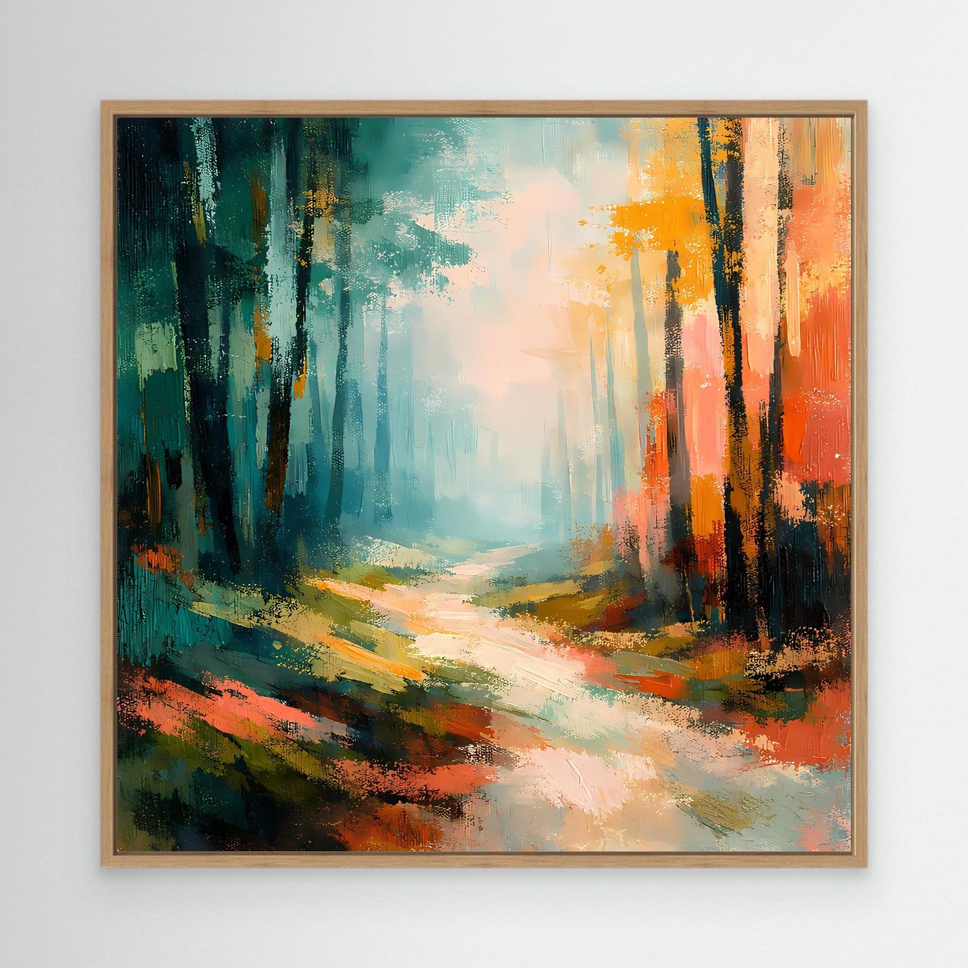 Abstraktes Leinwand-Wandbild Waldweg in Blau-Grün/Orange, mit hellem Eichenrahmen