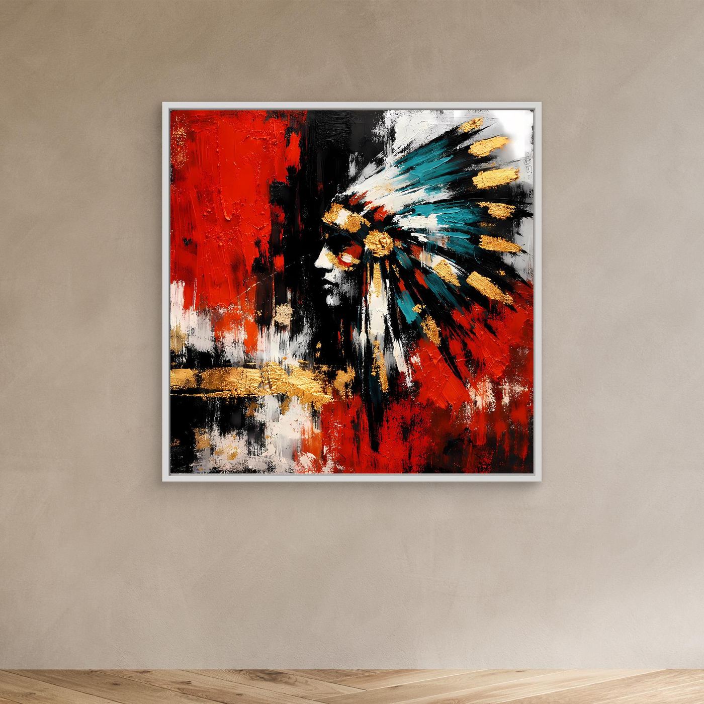 Gerahmtes Leinwand-Wandbild mit abstraktem Porträt in Rot, Schwarz und Türkis, schwarzer Rahmen