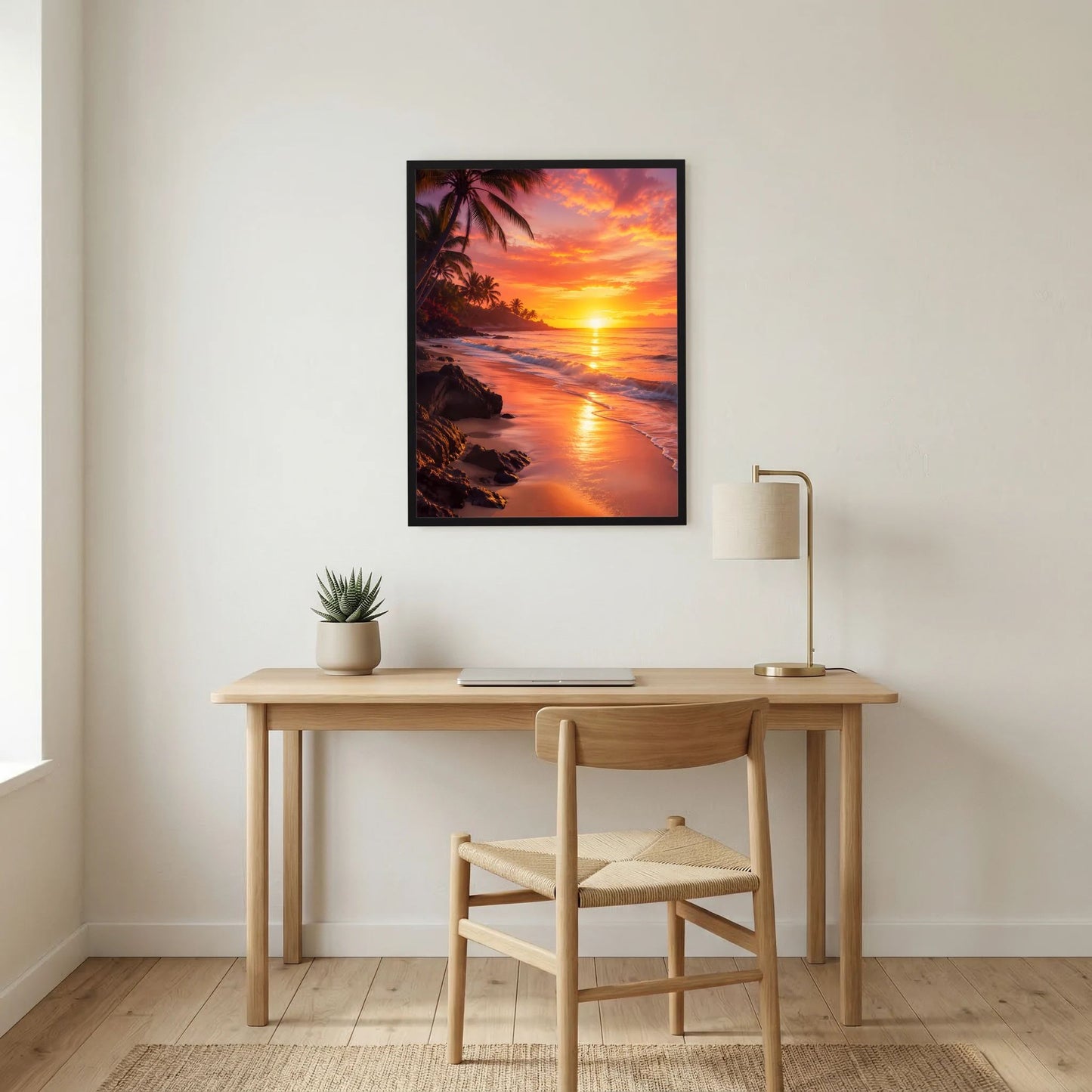 Poster Hochformat mit Palmen und Strand-Sonnenuntergang in Orange und Rosa, schwarzer Rahmen