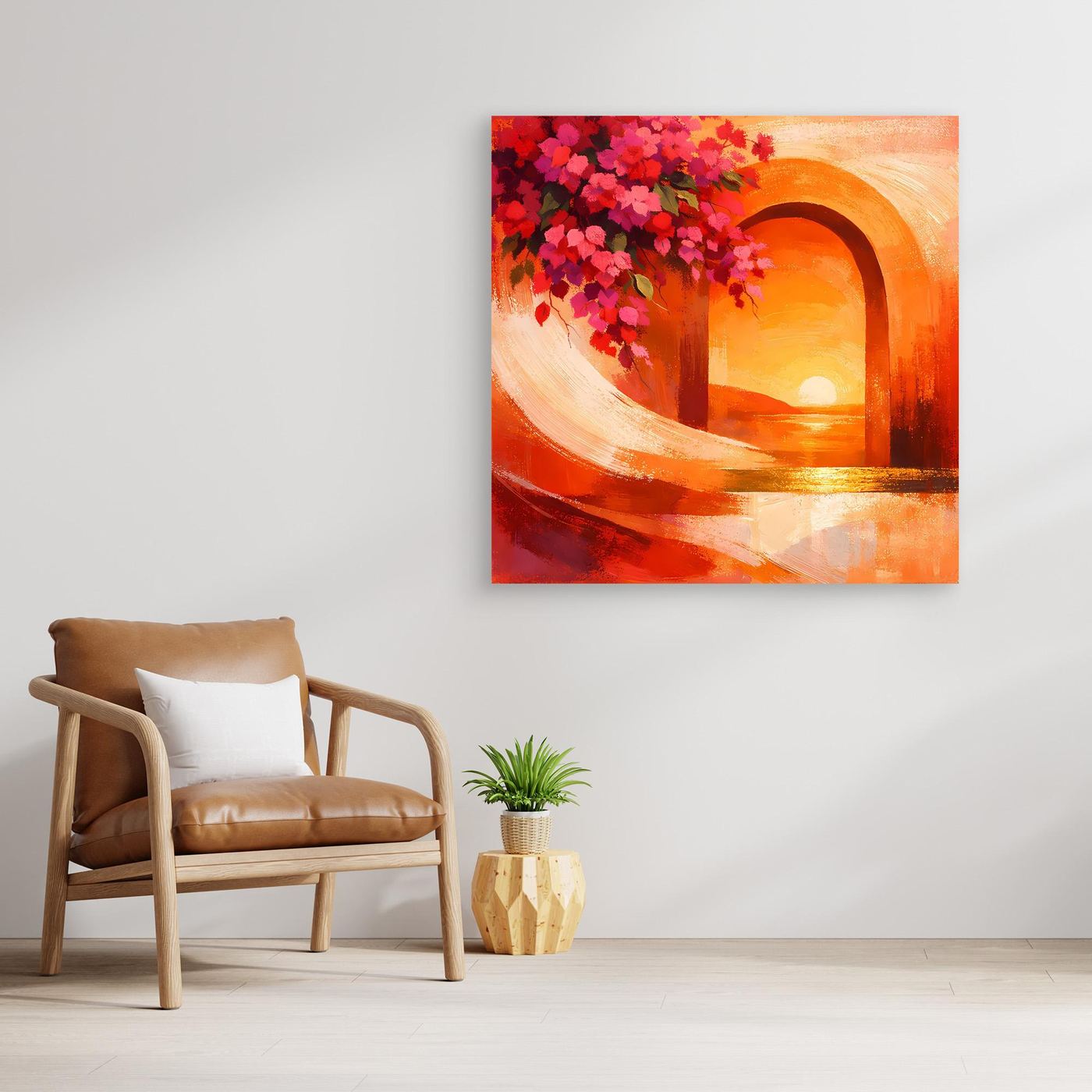 Gerahmtes quadratisches Leinwandbild mit mediterranem Torbogen, roten Blüten und Sonnenuntergang