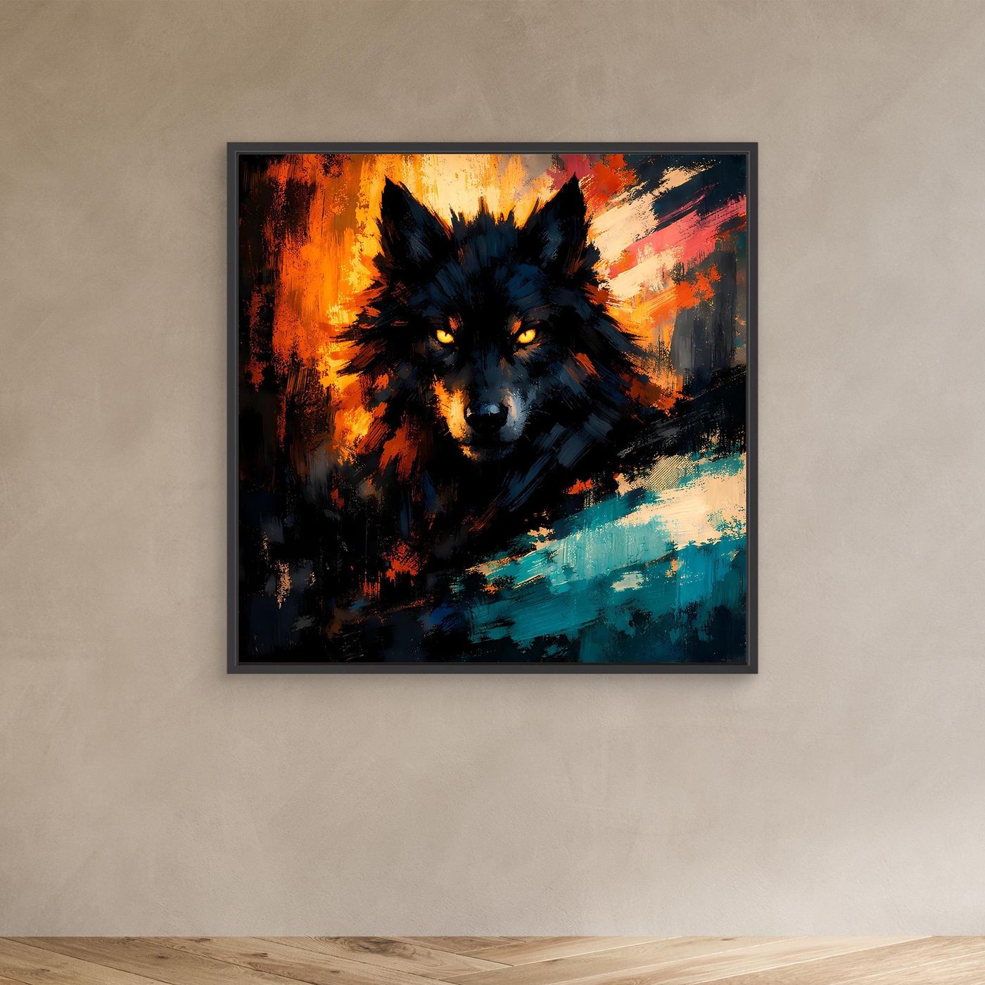 Wandbild mit abstraktem Wolf im Feuerlicht, dunkles Fell, schwarzer Rahmen, orange und türkis