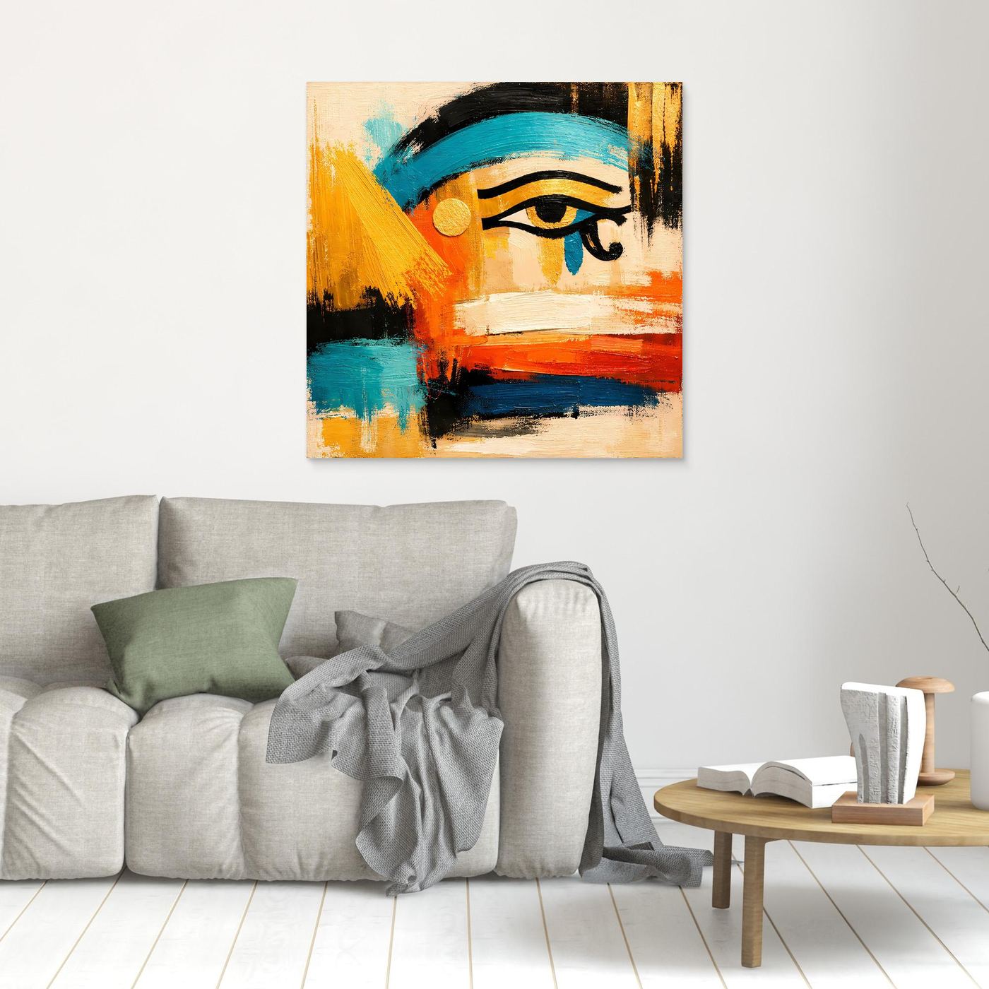 Abstract eye canvas wall art with multicolor brush strokes, light wood frame
