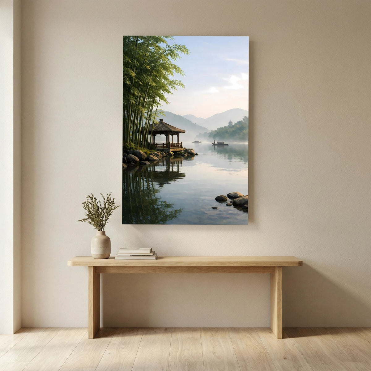 Hochformat-Wandbild: Flusslandschaft mit Bambus, Steinen am Ufer und Pavillon