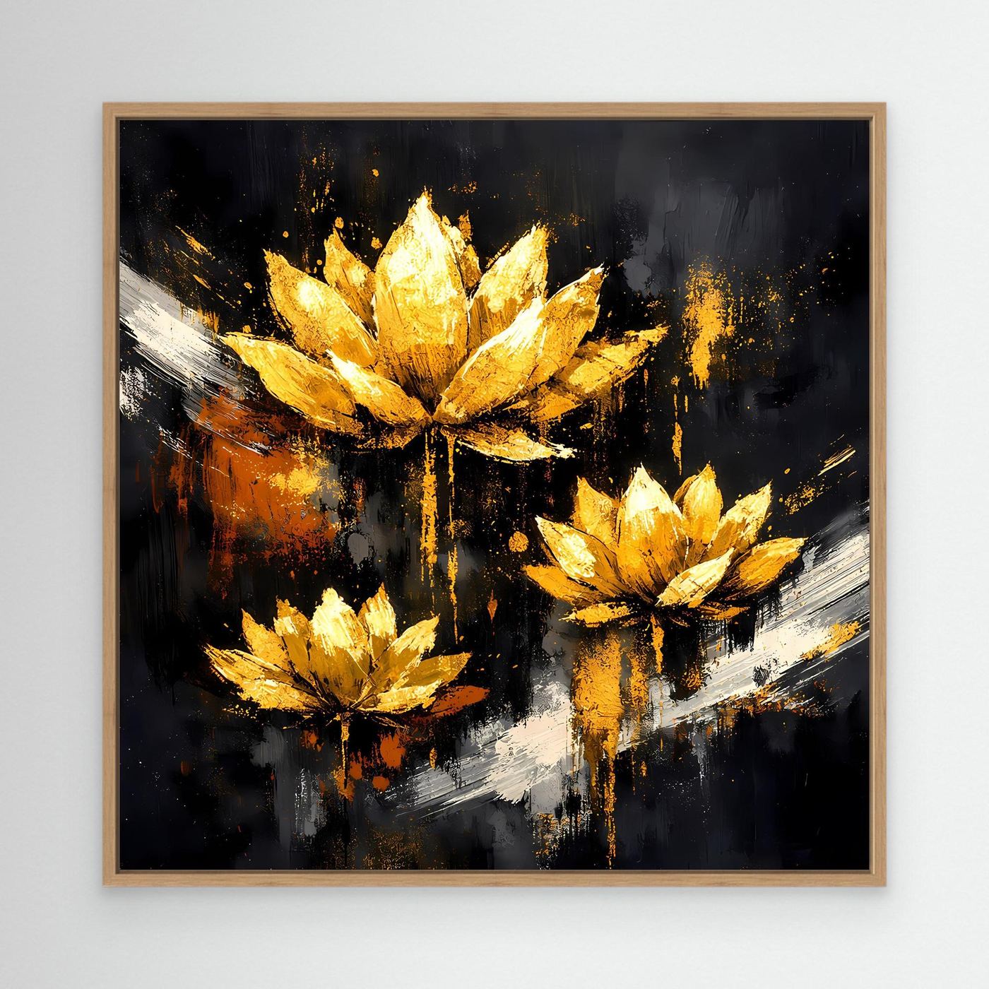 Leinwand Edle Lotusblüten in Gold und Schwarz | Modernes Florales Luxus Wandbild