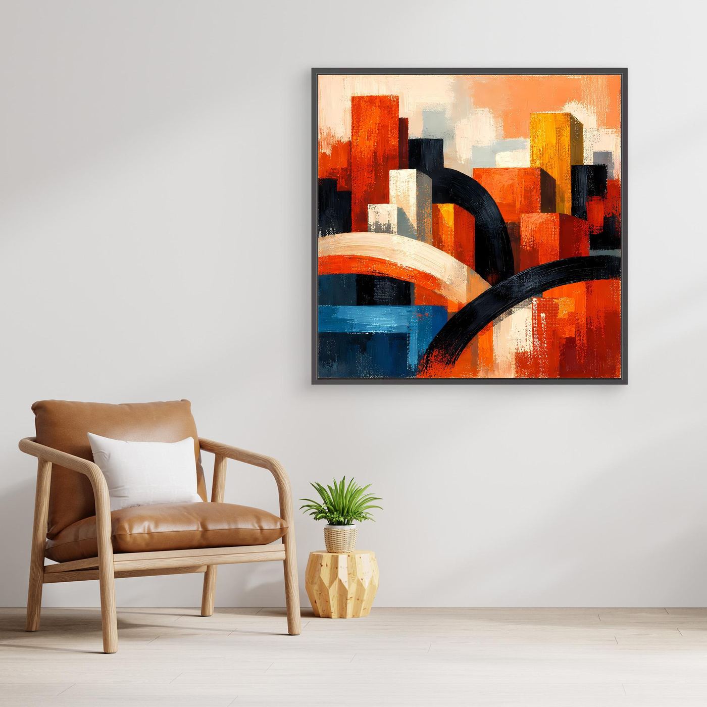 Leinwandbild mit dunklem Rahmen, abstrakte Skyline mit orange-roten und schwarzen Formen