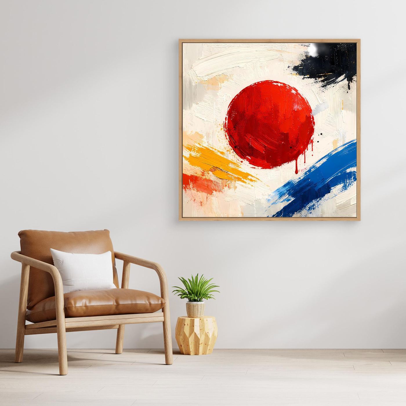 Framed abstract canvas wall art with red circular sun and blue diagonal brushstroke.