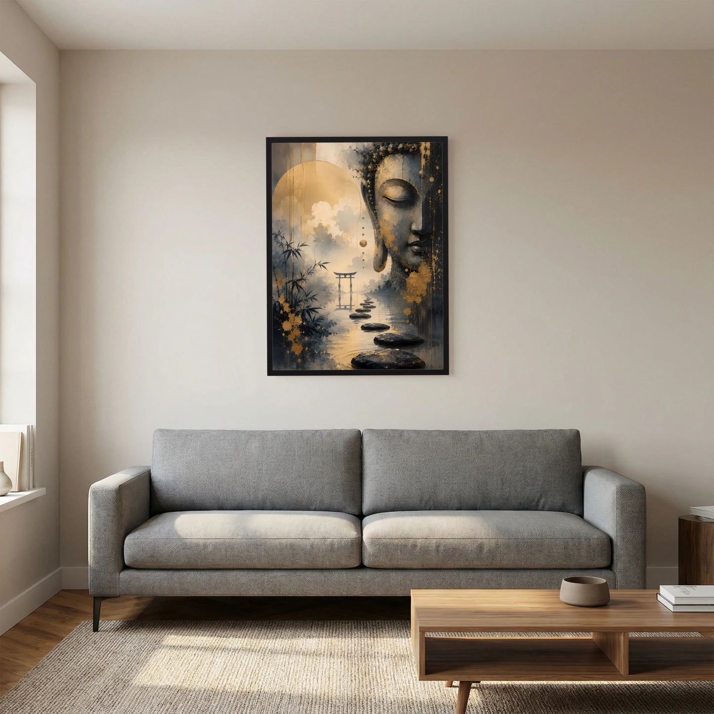 Hochformatiges Buddha-Poster mit goldener Scheibe und schwarzem Konterfei, Wasserweg und Pflanzen, schwarz gerahmt