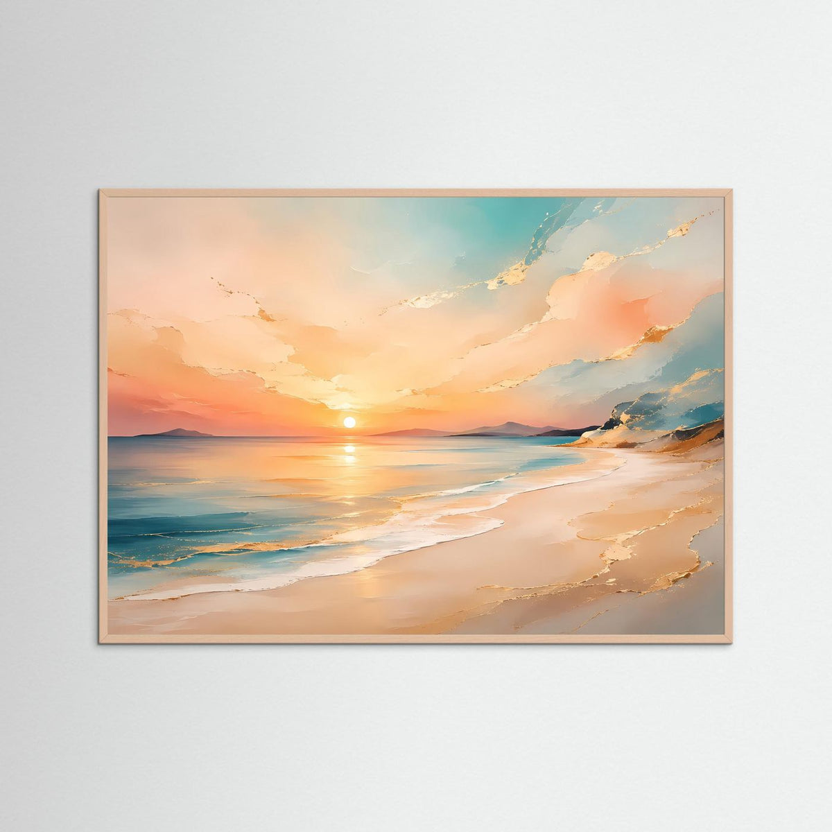 Poster mit Strand bei Sonnenuntergang, querformat mit rosafarbenem Holzrahmen