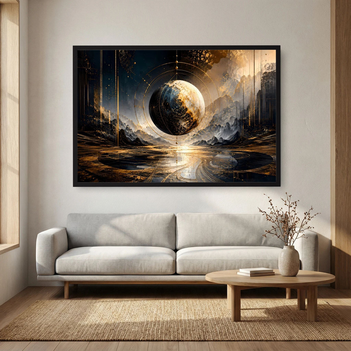 Weltkugel-Poster mit Planeten­sphäre in Gold-Schwarz und Spiegelung im Wasser, schwarzer Rahmen