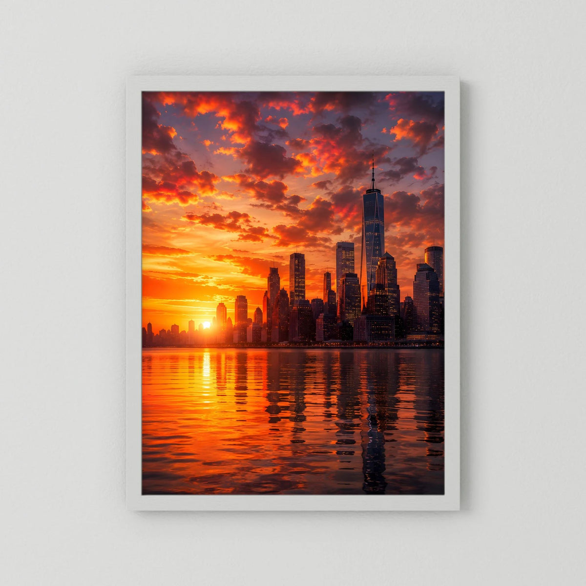 Stadtposter mit weißem Rand, Skyline bei Sonnenuntergang und spiegelndem Wasser