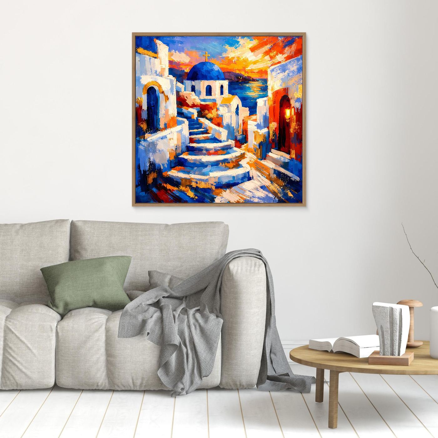 Leinwandbild Santorin mit Treppe und blauer Kuppel, Wandbild über Sofa und Tisch