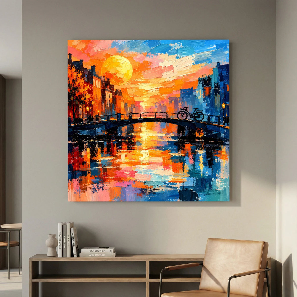 Leinwand Abstraktes Amsterdam Gemälde | Modernes Romantisches Grachten Wandbild mit Fahrrad
