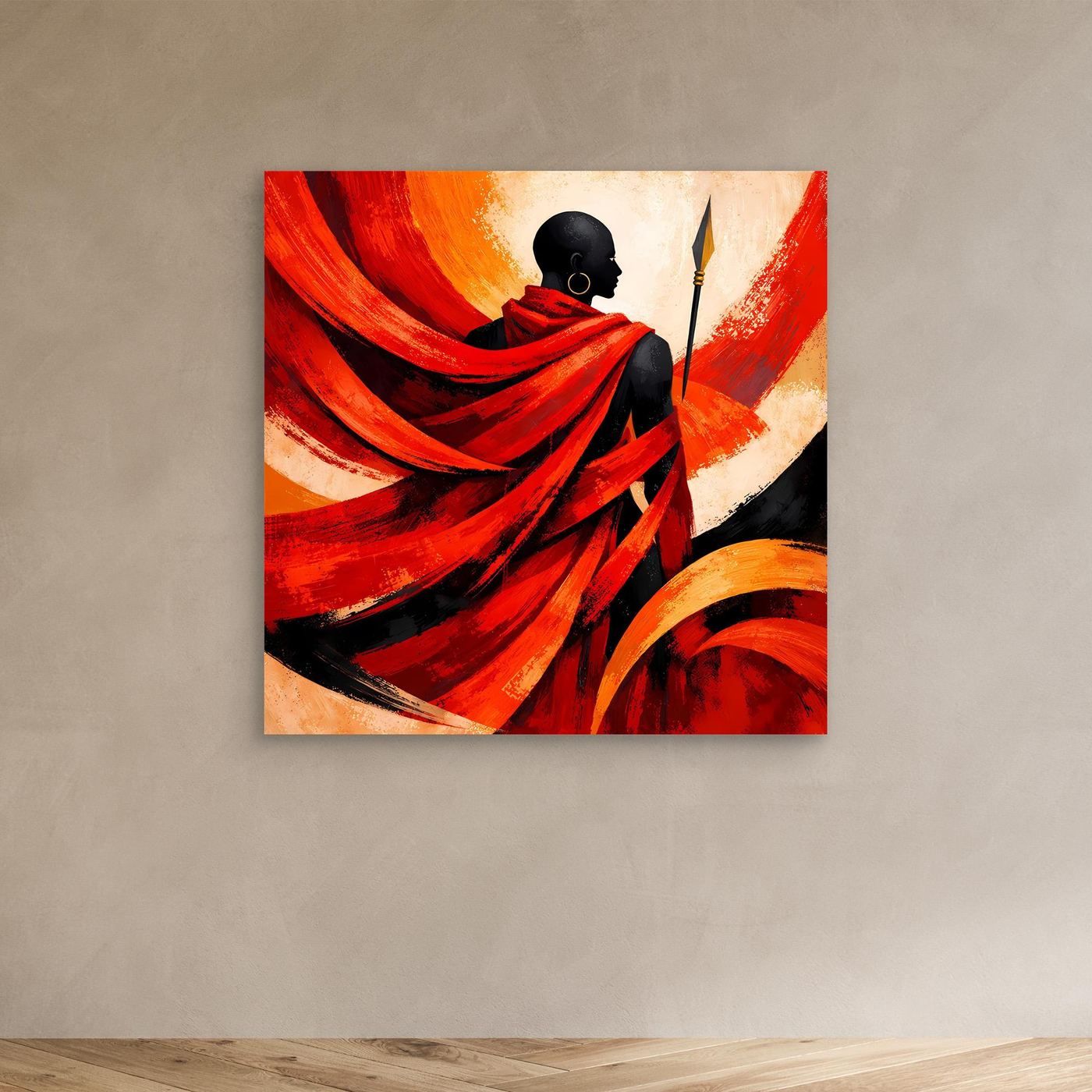 Leinwand-Wandbild mit afrikanischem Krieger: Speer, rotes Gewand und schwarze Kontur