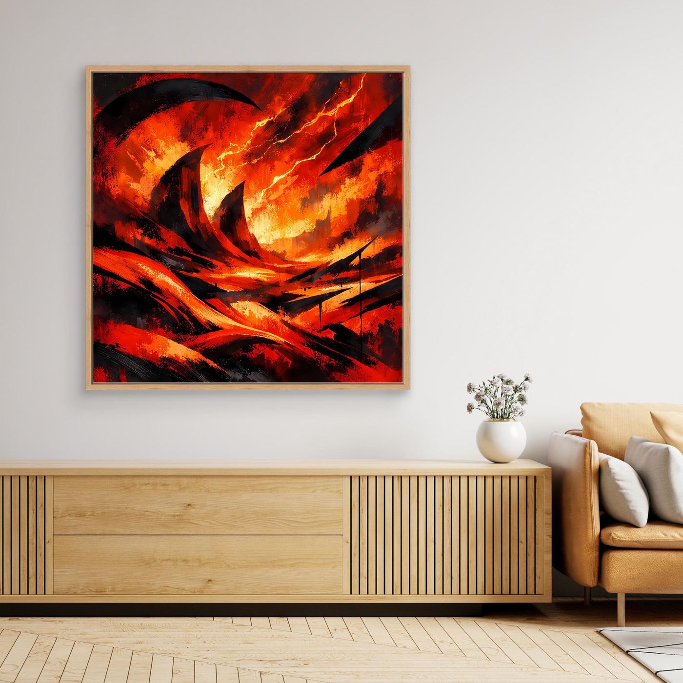 Gerahntes Leinwand-Wandbild mit Lava-Feuer und Blitzen, heller Holzrahmen.